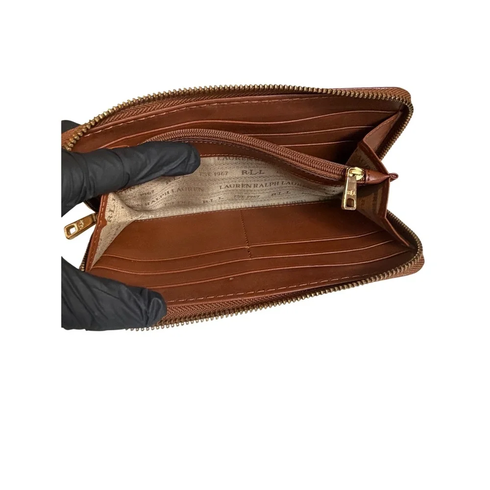 Lauren Ralph Lauren Brown Leather Zip Around Wallet Gold Logo Plaque Cognac